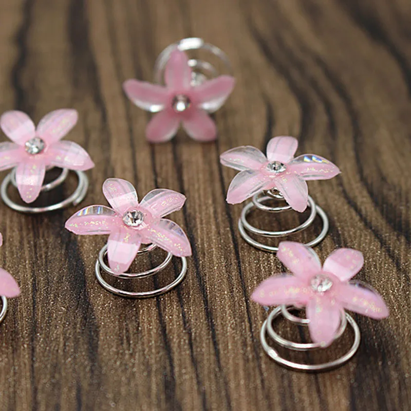 Pink 12 шт., свадебные красные заколки для волос из смолы с кристаллами, закручивающиеся на спирали с цветами, вихревые Спиральные заколки для волос, женские белые лепестки, ювелирные аксессуары - Окраска металла: Pink