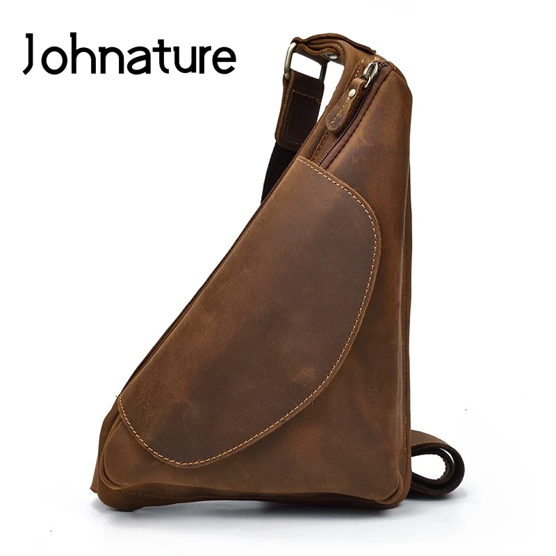 

Johnature 2021 New Fashion Men Bag Genuine Leather Chest Bags Vintage Solid Color Cow Leather Outdoor Leisure Crossbody Bags