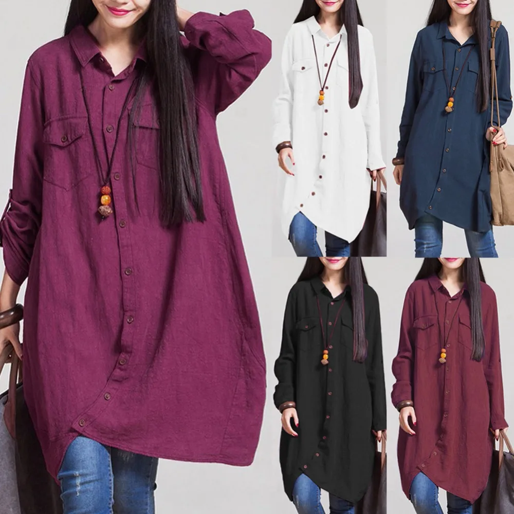 

Women tunics Plus Size 3XL 4XL 5XL OL Long Tops Irregular Hem Buttons Loose Casual Vintage Tops female Long Sleeve Blouse Shirts