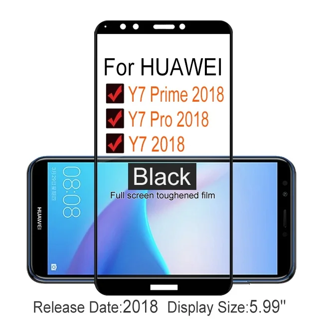 Black 2PCS Original Full Cover Tempered Glass for Huawei Y7 Prime 9H Screen Protector Protective Glass For Y7 Pro Film - Цвет: Black