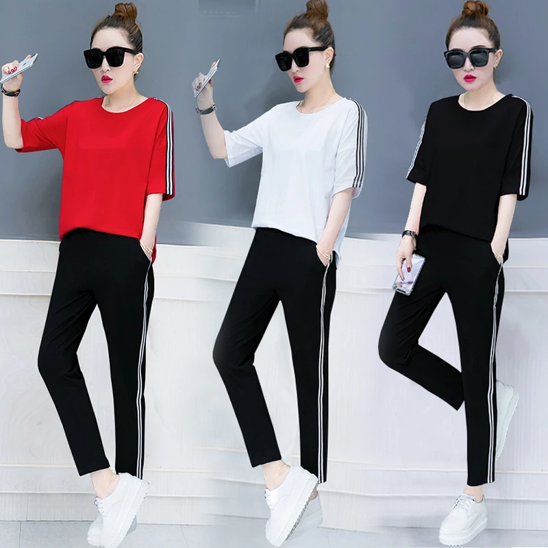 

summer leisure women suits korean fashion woman two-piece casual clothes new pullover sweatshirt black pants clothing set