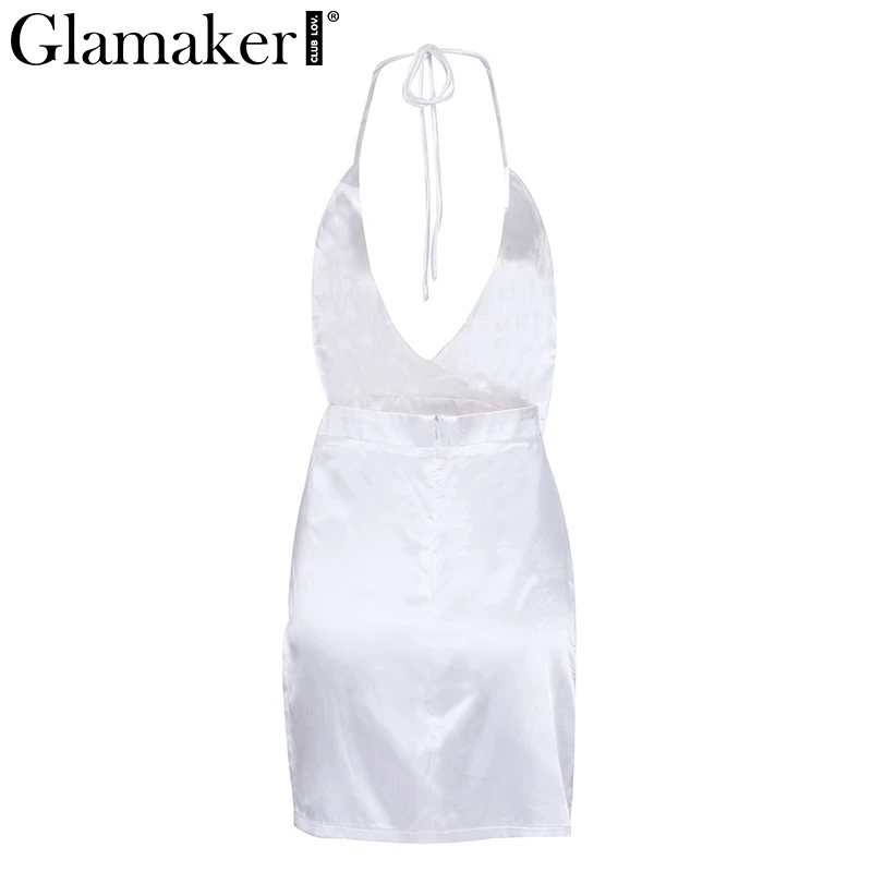Glamaker сексуальное сатиновое летнее платье с лямкой через шею, сарафан, женское мини-платье с глубоким v-образным вырезом и открытой спиной, элегантное короткое вечернее платье vestidos