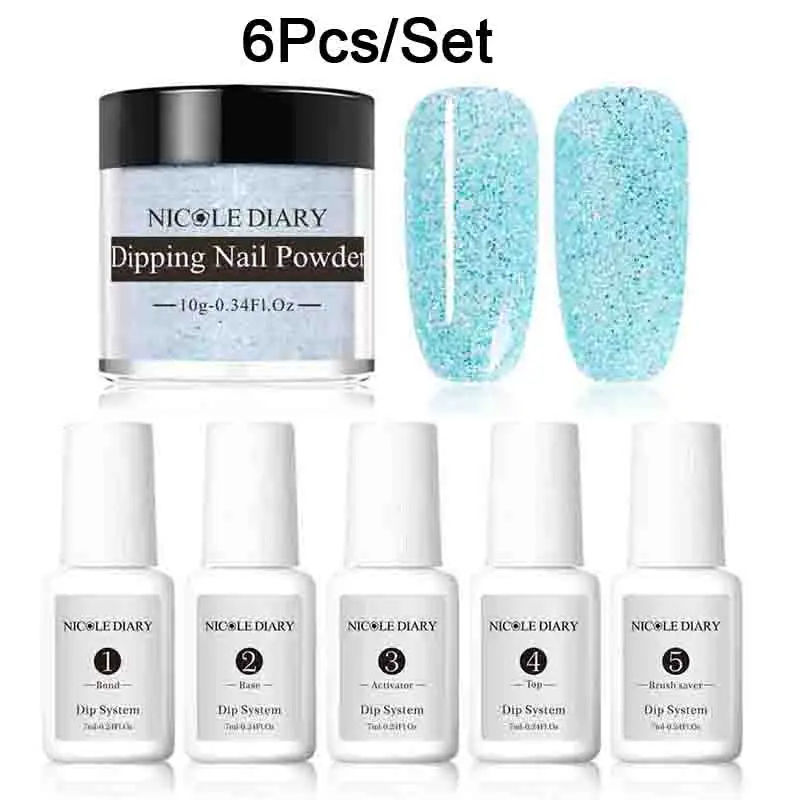 6pcs Set 4 Николь дневник 9/6/4/3 шт Dip для ногтей, порошковый набор нейл-арта, гвозди с блестящим напылением матовая голограмма пыли с базовый топ активатор щетка - Цвет: 6pcs Set 4