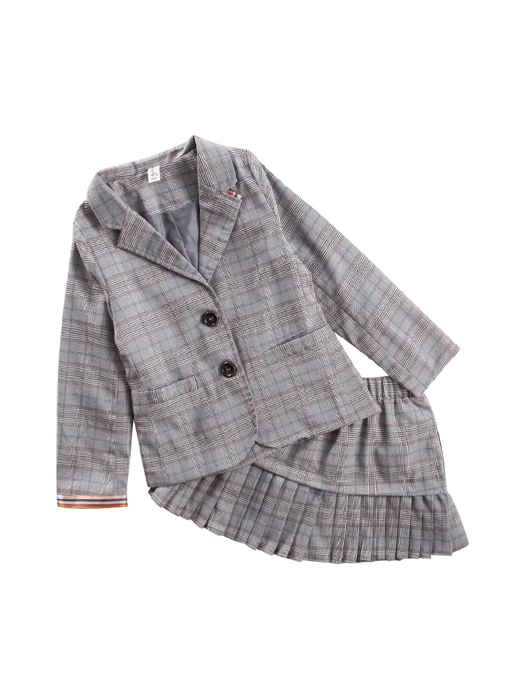 2PCS Комплект одежды из 2 предметов для маленьких девочек, клетчатый Блейзер, куртка, плиссированная юбка, школьная одежда, костюм - Цвет: 2PCS