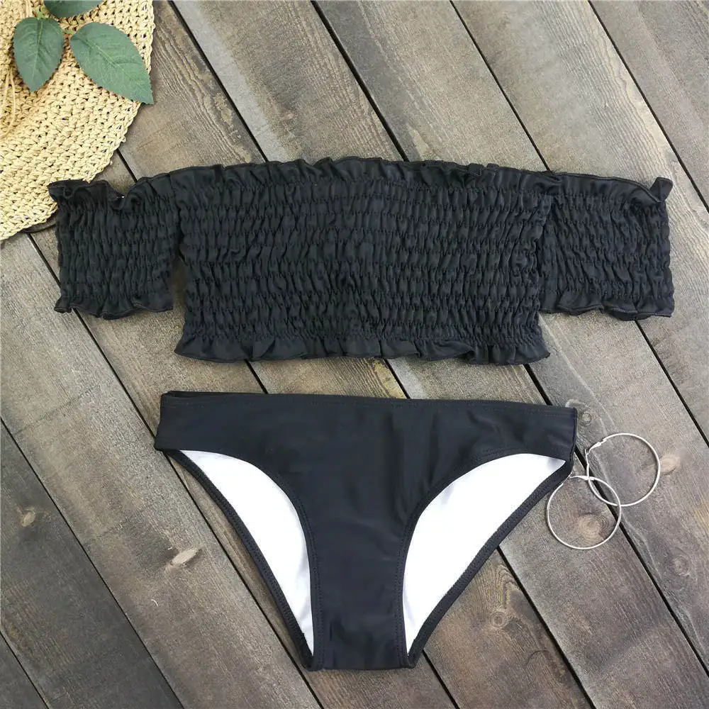Off Shoulder Bikini Women Leaf Print Swimwear Pleated Biquini Brazilian Bikinis Push Up Swimsuit Bathing Suit Bandage Beachwear |