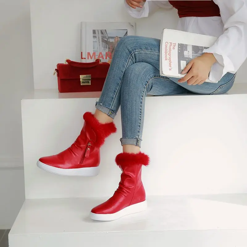 plush inside red EGONERY/уличные зимние сапоги; женская обувь на плоской платформе; Прямая ; очень теплые плюшевые зимние ботильоны с круглым носком; цвет белый, черный, красный - Цвет: plush inside red