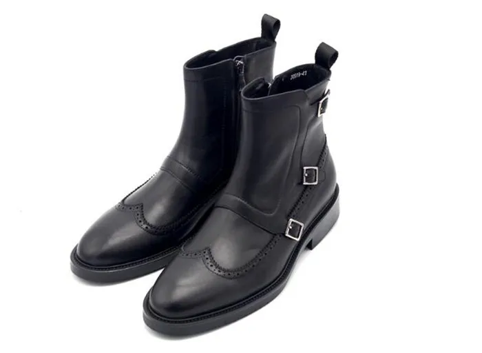 

Осенне-зимние ботинки с острым носком и пряжкой на ремешке; Мужские ботинки; Повседневные ботильоны Martin; Однотонная обувь на молнии сбоку