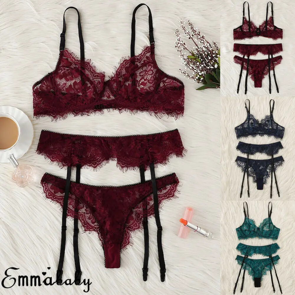 

Lingerie Set Bra Sets 3Pcs Women Sexy Lace Bra High Waist Garter Belts G-Strings