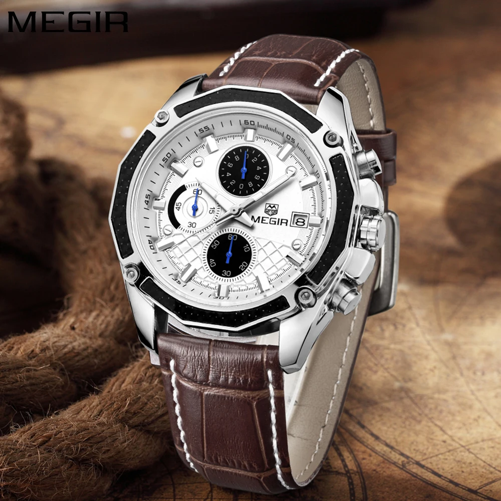 Megir Chronogarph, мужские часы, Лидирующий бренд, Роскошные Кварцевые часы с кожаным ремешком, спортивные часы для мальчиков, военные наручные часы для мужчин, reloj hombre