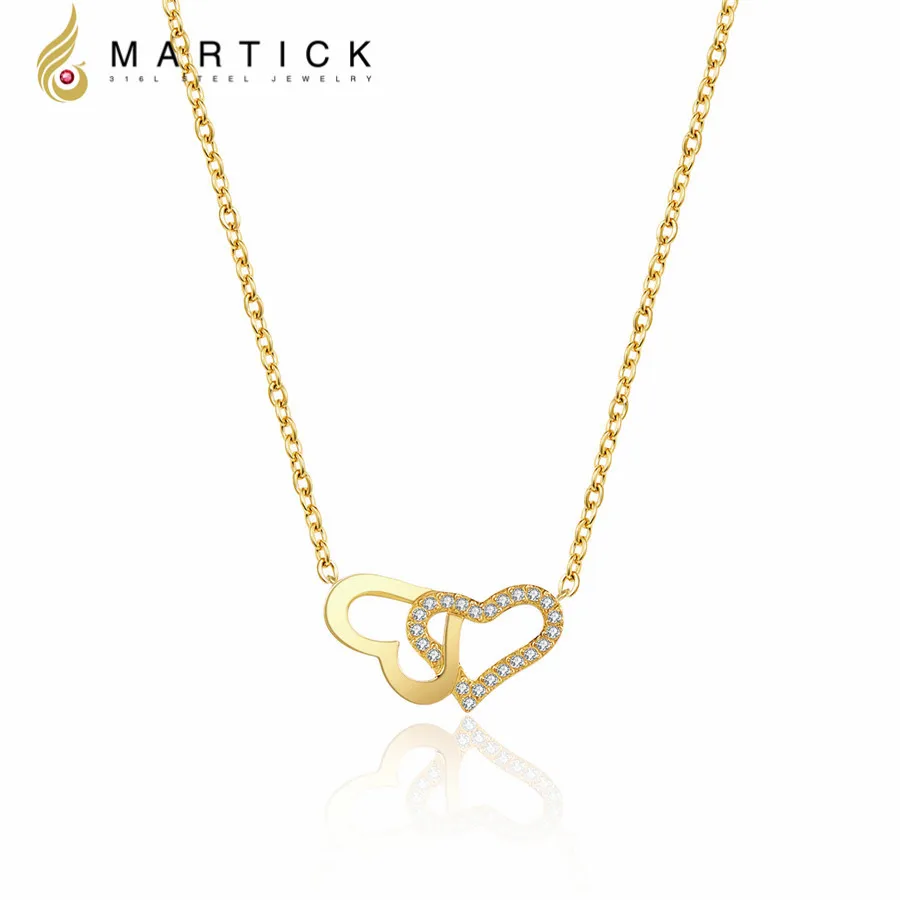 Martick 316L Подвеска из нержавеющей стали золотого цвета с двойным сердцем ожерелье