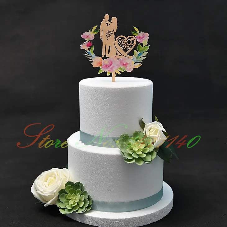 

Color Flower Style Rustic Wood Cake Topper Bride and Groom Wedding Cake Topper for Cake Decorating Accessory Heart Mr & Mrs