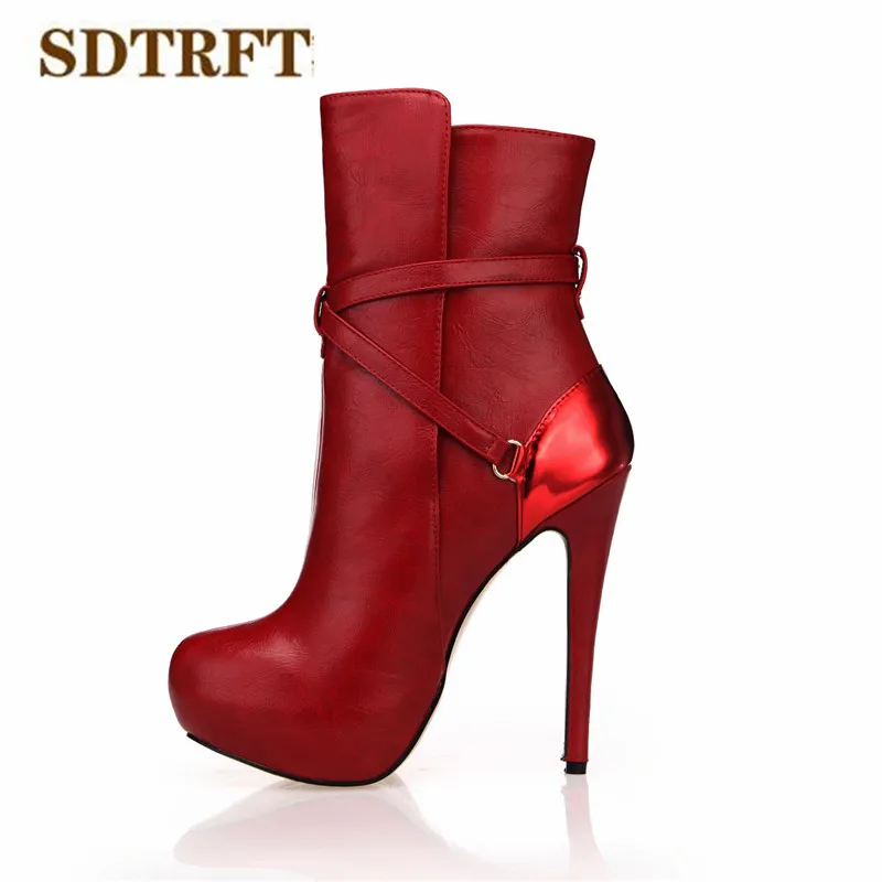 SDTRFT Spring Autumn platforms Stilettos 14cm thin heels Ankle martin boots Red Buckle wedding shoes Woman Botas Round Toe pumps | Обувь