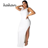 kakan new womens sexy dress one button open back personality back metal belt dress split sleeveless dress