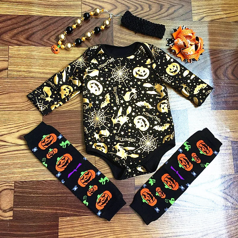 

wholesale 2021 new design Baby Girl halloween Romper Pretty Romper with headband set All Saints' Day romper newborn girl rompers