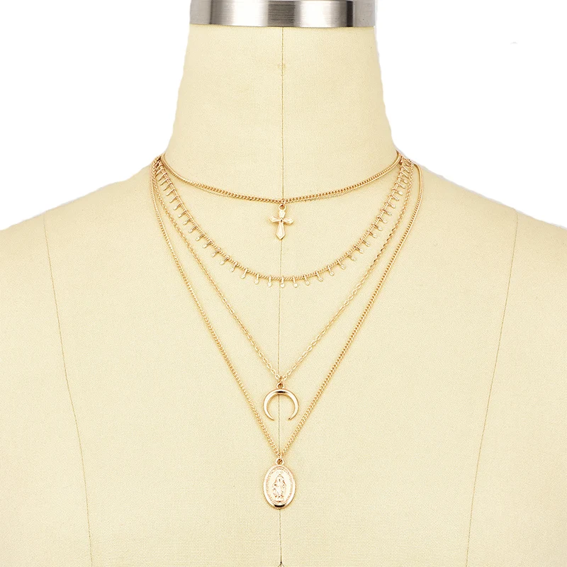 4 шт./компл. Boho Девы Марии крест Луна кисточкой многослойное ожерелье с подвеской