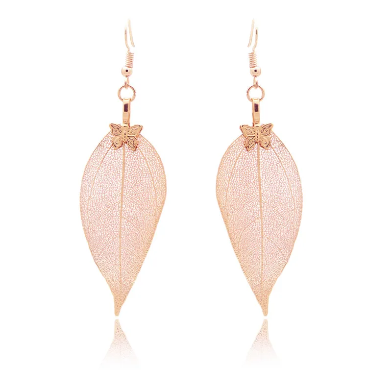 rosegold Богемные серьги с натуральным настоящим листом для женщин, модные длинные висячие серьги с неровными листьями, Женские Ювелирные изделия, подарок, вечерние - Окраска металла: rosegold