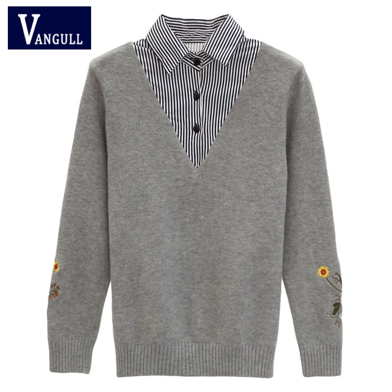 

Vangull Winter Knit Women Sweaters Floral Embroidery Striped Patchwork Female Pullovers 2019 Autumn Casual Long Sleeve Sweaters