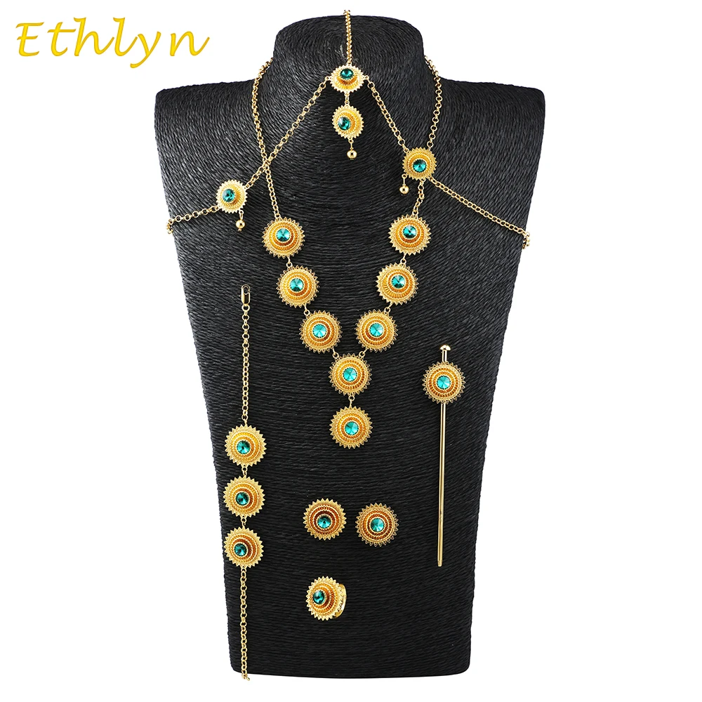 

Ethlyn Ethiopian Wedding Gold Color jewelry Necklace+earring+bracelet +hair accessories women Bridal Jewelry Set S035