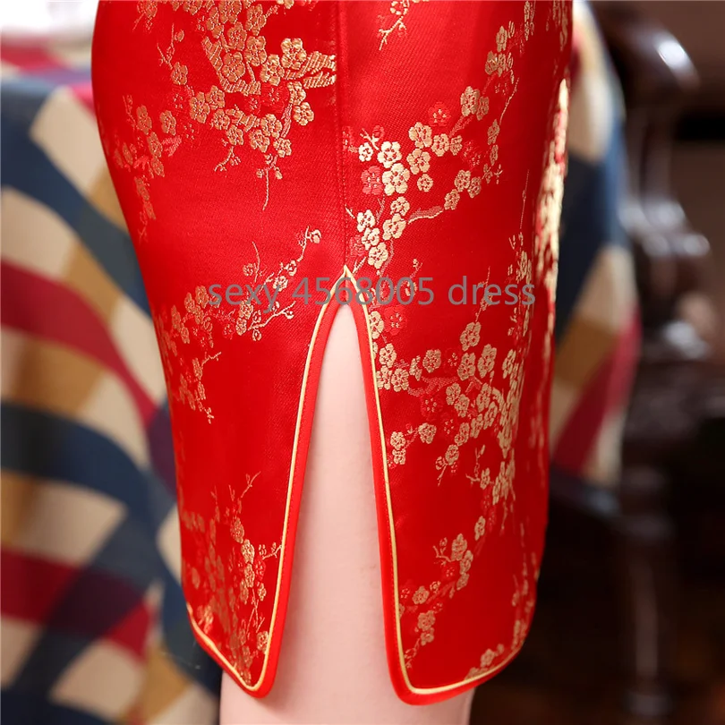 2018 Новый красный Традиционный для китаянок платье шелковый атлас Cheongsam