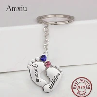 amxiu custom 925 sterling silver keychains engrave two names with birthstone foot key chains for women mothers gift accessories