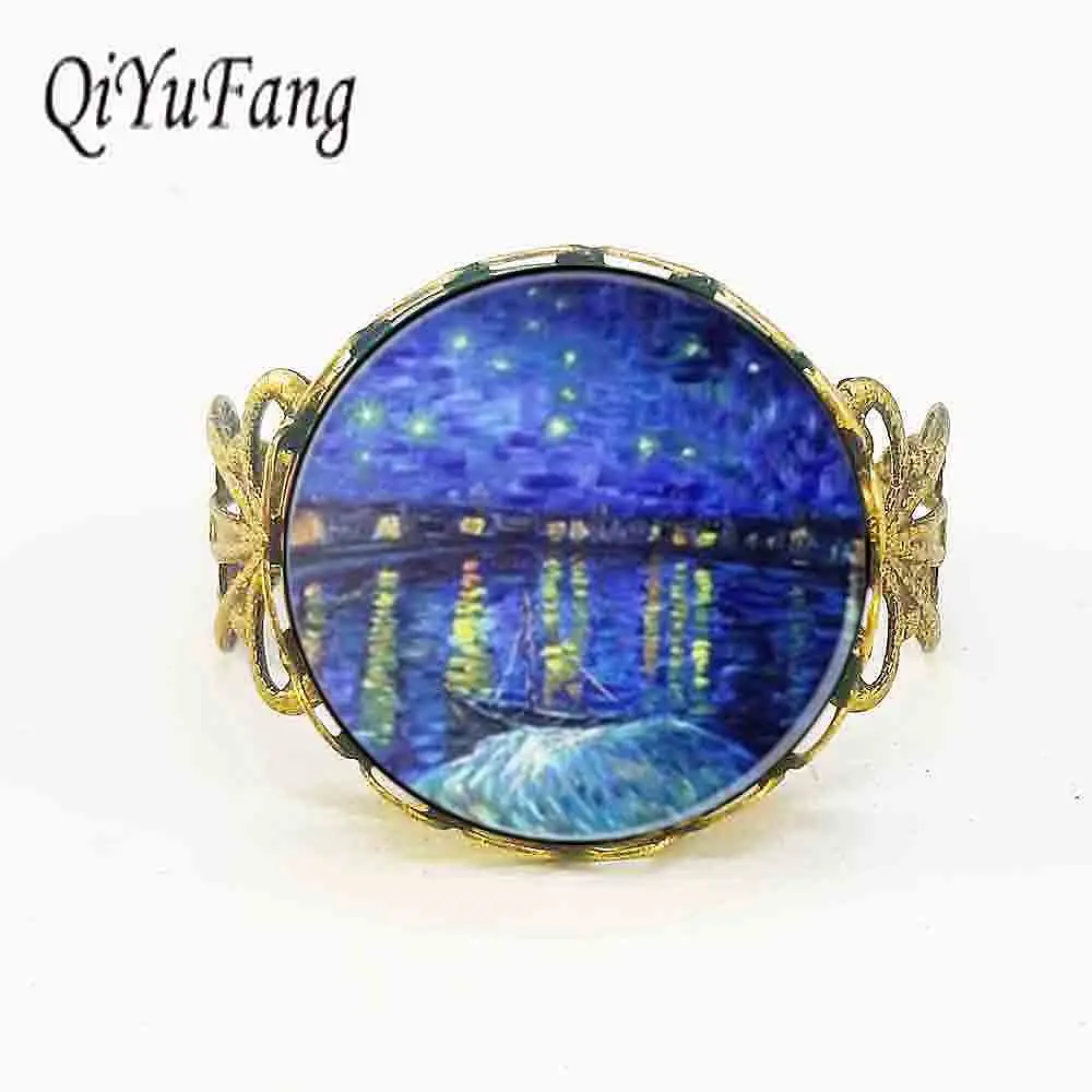 

Charm Van Gogh Art Ring Starry Night Over The Rhone steel Glass Ring steampunk picture rings adjustable hot 1pcs/lot vintage
