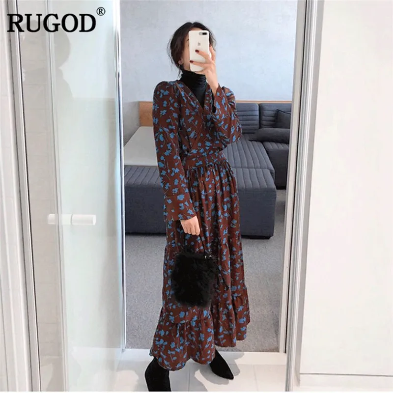 Женское платье с принтом RUGOD винтажное широким рукавом и треугольным вырезом