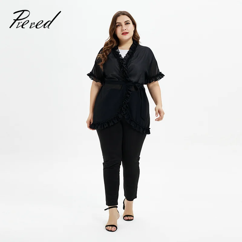 Women's Shirt Summer Female Plus Size Solid Color Hoody Clothing Sexy Chiffon Blouse Can Tie Ruffled Cardigan |