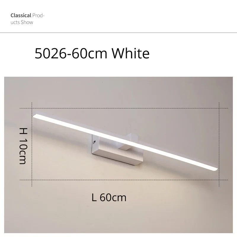 white 60cm Светодиодный Ванная комната настенный светильник зеркало с подсветкой черный/белый цвет 400/600/800/1000/1200 мм современный макияж зеркало с Ванная Комната Комод светодиодный зеркало с подсветкой led лампа - Цвет абажура: white 60cm