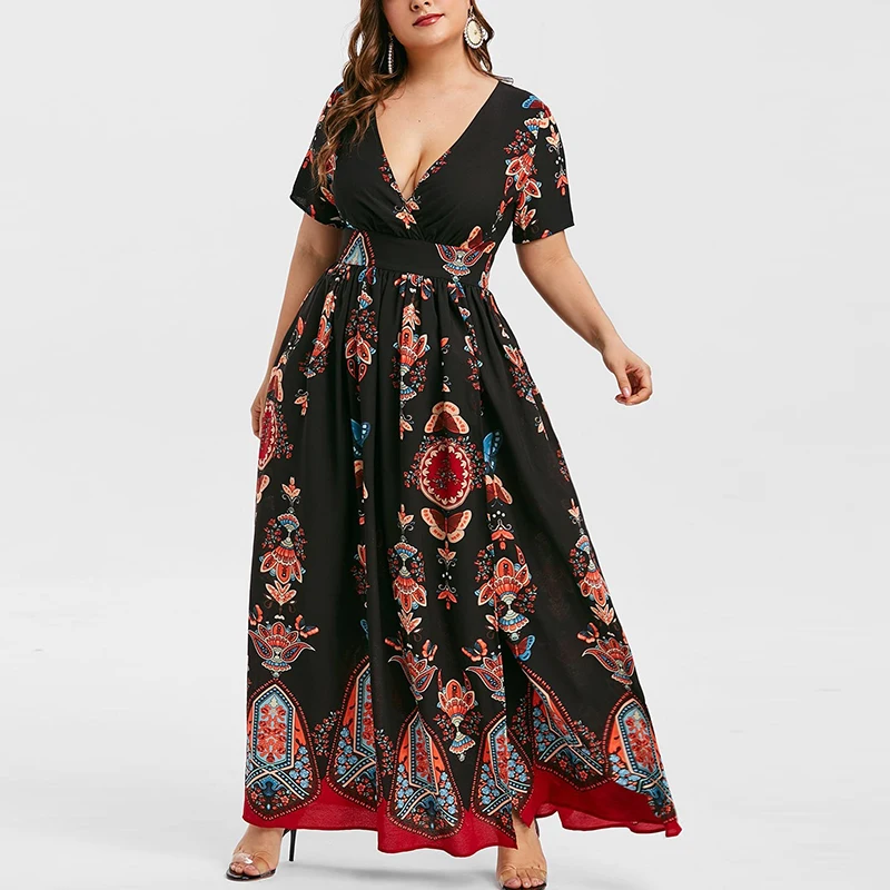 Женское свободное удобное винтажное платье с коротким рукавом большого