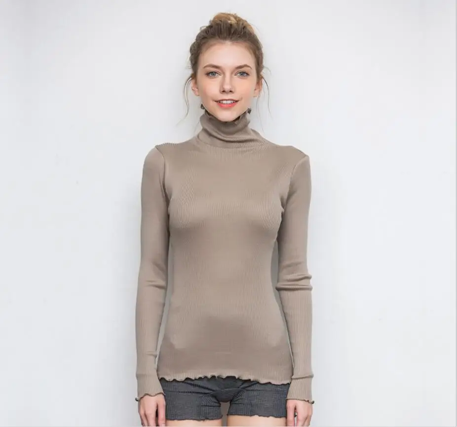 Fall Winter Women pullovers 80%Natural Silk 20%Cotton Turtleneck Rib knits shirt long sleeved Solid sweater Basic top |