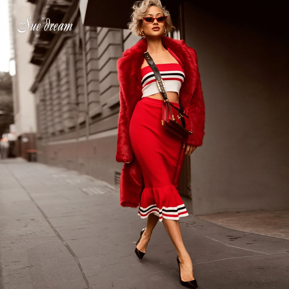 Платье женское красное без Плеч в полоску с рыбим хвостом комплект из двух