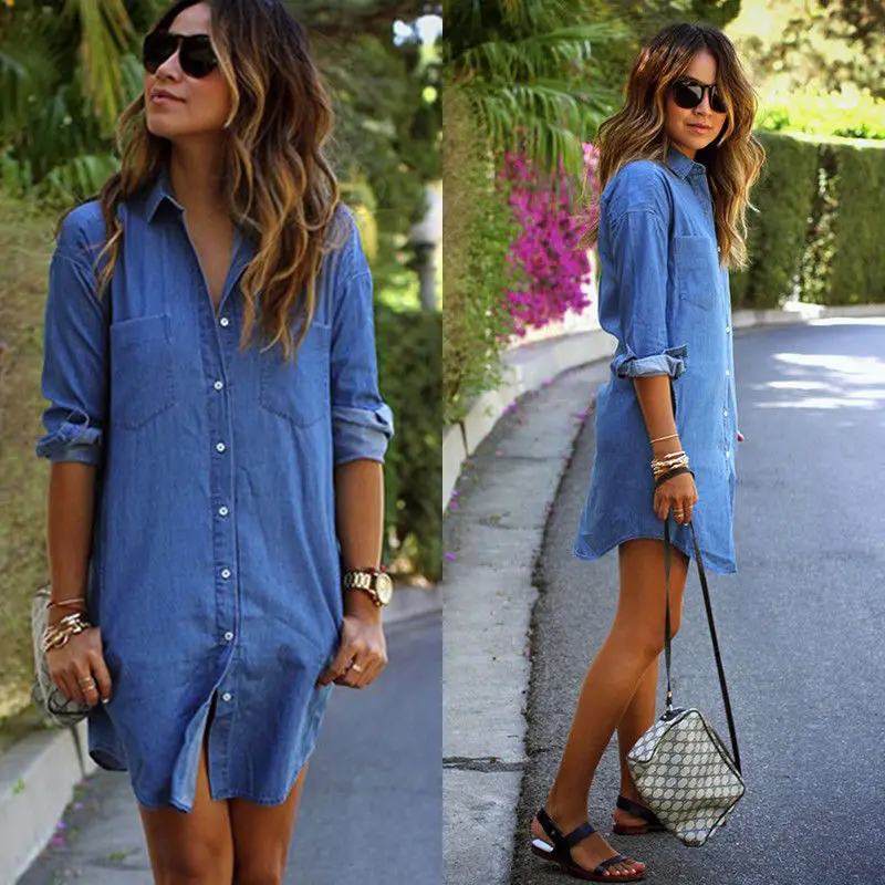 Women Denim Blue Casual Top Pocket Button Long Sleeve Single Breasted cardigan basic Jeans Shirt Harajuku Elegant blouse femme | Женская