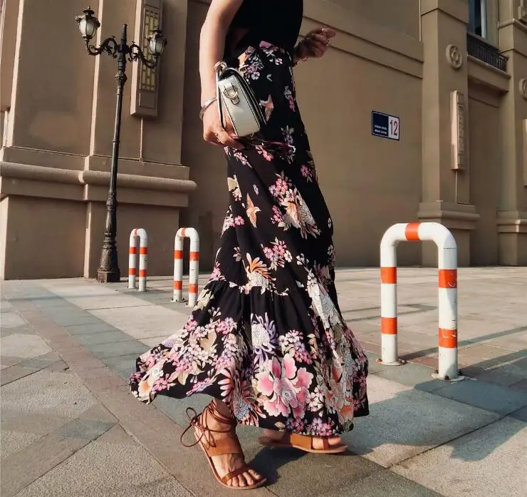 

Summer New arrival Shot High Waist Floral female skirts Boho Vintage Holiday style Patchwork Print Pendulum skirt