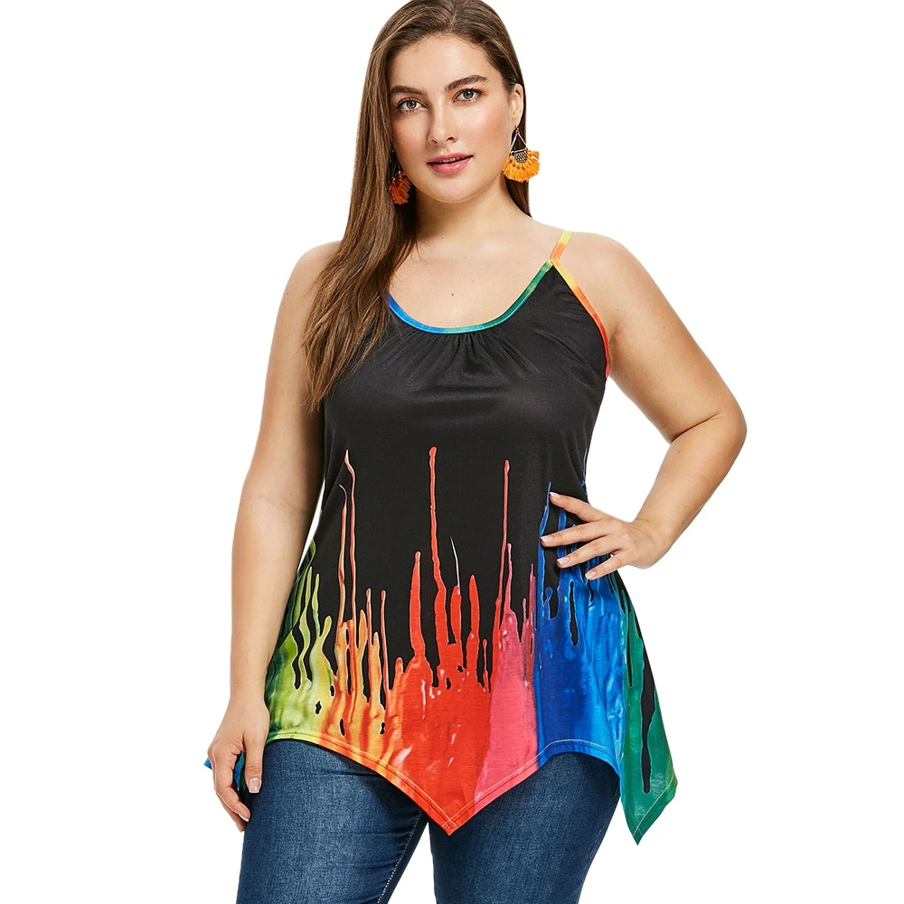 Плюс Размеры Cami картина маслом майка Женщины 3XL 4XL Мода o образным вырезом без
