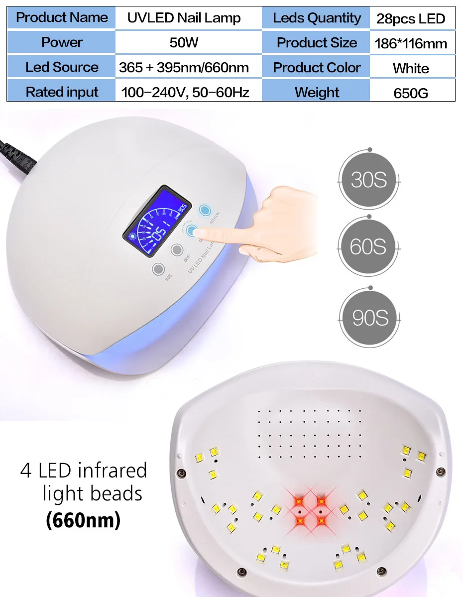 50W UV LED Lamp Nail Dryer Auto Sensor for Gel Varnish Curing Polish With Infrared Red Light Hand-care Mode Manicure Art Tool