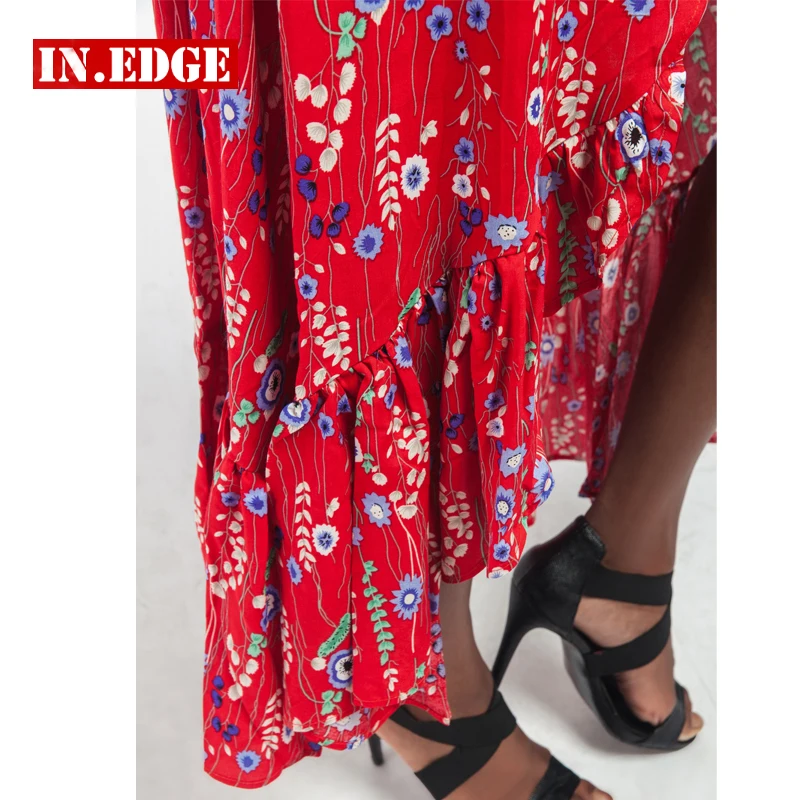 Summer Beach Long Dresses Women Flower Floral Maxi Split Elegant Dress Sexy Deep V Neck Party Evening Red Bodycon Belt Женская одежда