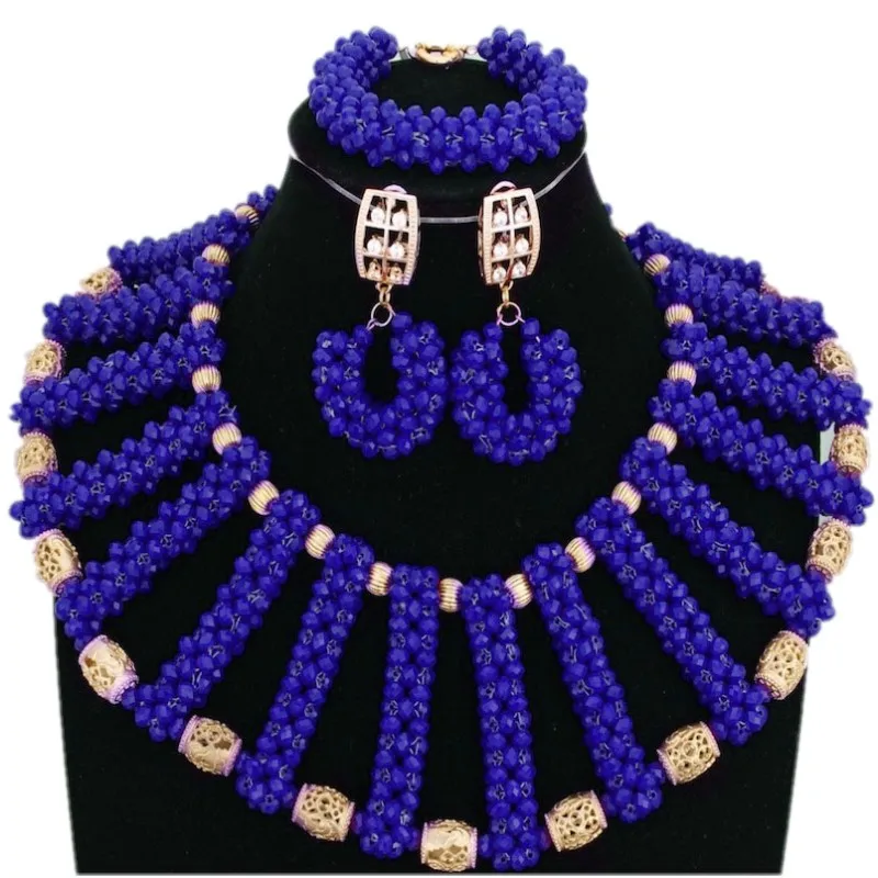 Dudo Store Fine Jewelry Set For Women African Wedding Shoulder Jewelry Royal Blue / Red / Fuchsia Nigerian Beads Set For Women