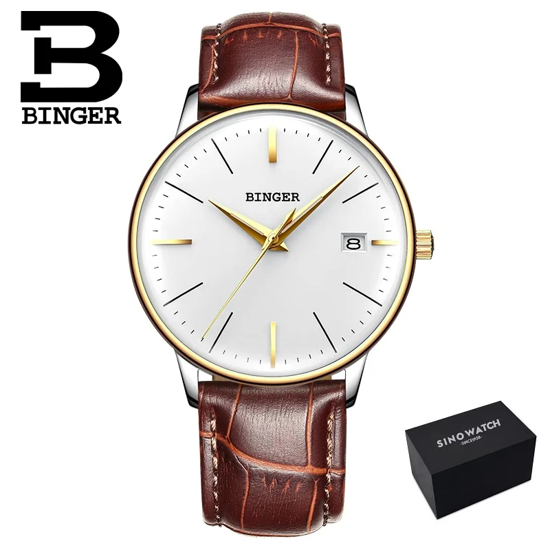 leather brown white Seiko мужские механические часы с автоматическим перемещением, t BINGER, Топ бренд, роскошные мужские механические часы, relogio masculino, ремешок из нержавеющей стали с серым зеркалом - Цвет: leather brown white