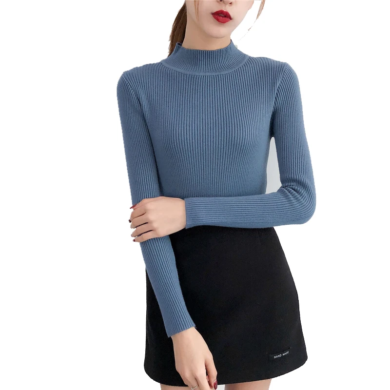 Autumn and winter Korean chic solid color Slim thin bottoming shirt half high collar net red pullover sweater Tops women | Женская