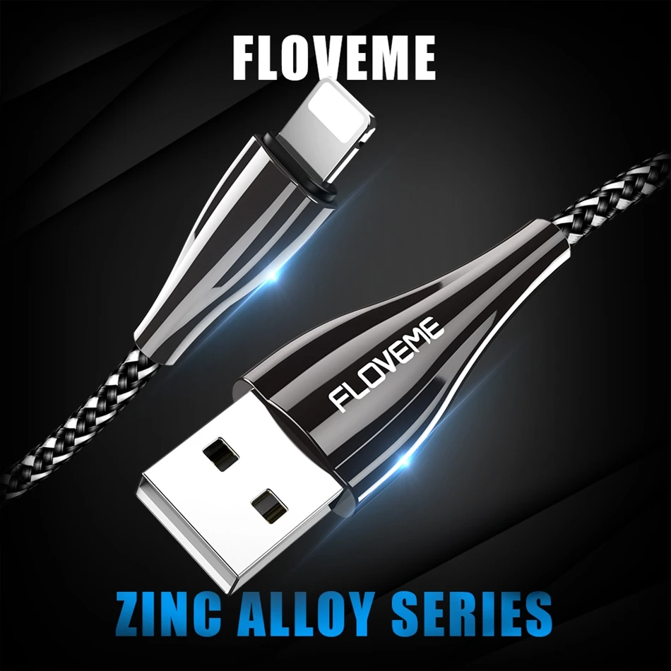 FLOVEME USB кабель для iPhone 8X7 Plus 9 6 6 S 5 S 5 SE 2.4A Быстрая зарядка оплетка из цинкового сплава зарядное устройство для мобильного телефона USB кабель для передачи данных