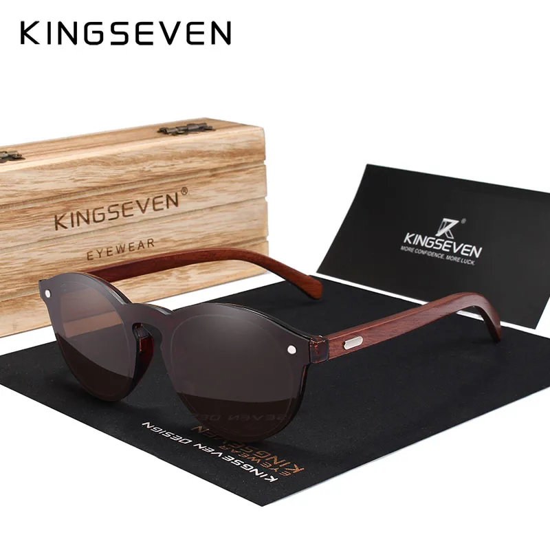 KINGSEVEN дизайн натуральные деревянные солнцезащитные очки ручной работы мужские Солнцезащитные очки женские брендовые дизайнерские оригинальные розовые очки Oculo - Цвет линз: Brown Wooden