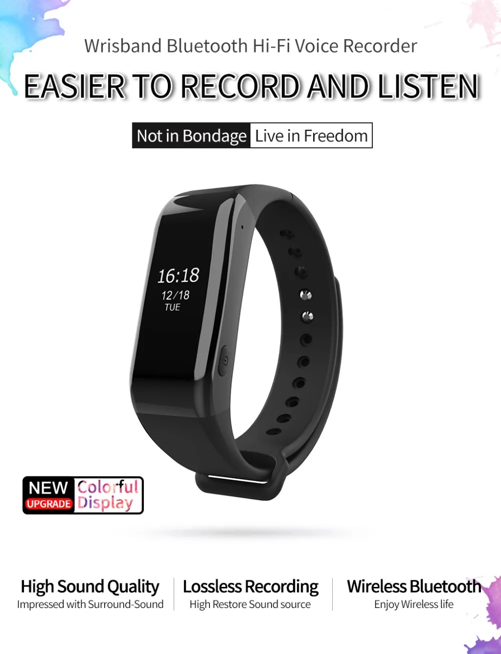 Диктофон Часы Bluetooth MP3-плеер браслет Hi-Fi шумоподавление t