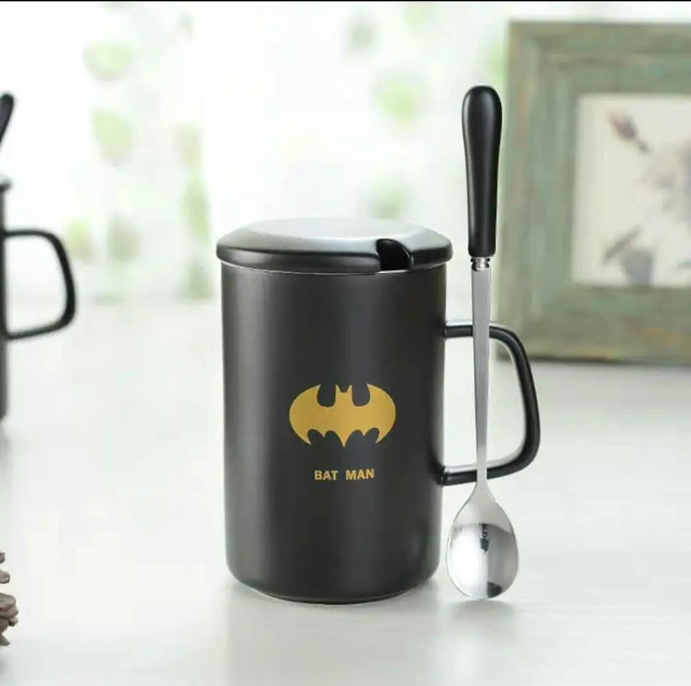 Bat man Супергерой керамическая кружка Бэтмен Капитан Супермен железный человек паук чашки с крышкой Ложка кофейные кружки практичный подарок - Цвет: Bat man