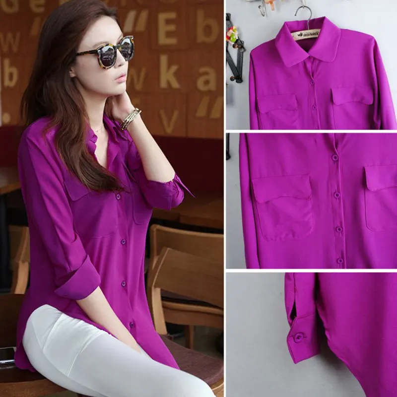 

Women Blouse blusas mujer de moda 2019 Long Sleeve Chiffon Poket Shirt Loose befree Casual Womens Tops and Blouses