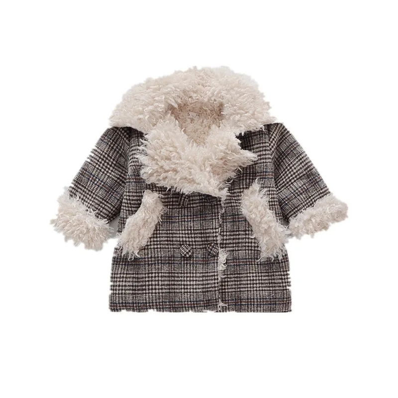 Модное зимнее пальто для девочек шерстяное в клетку с длинными рукавами теплая