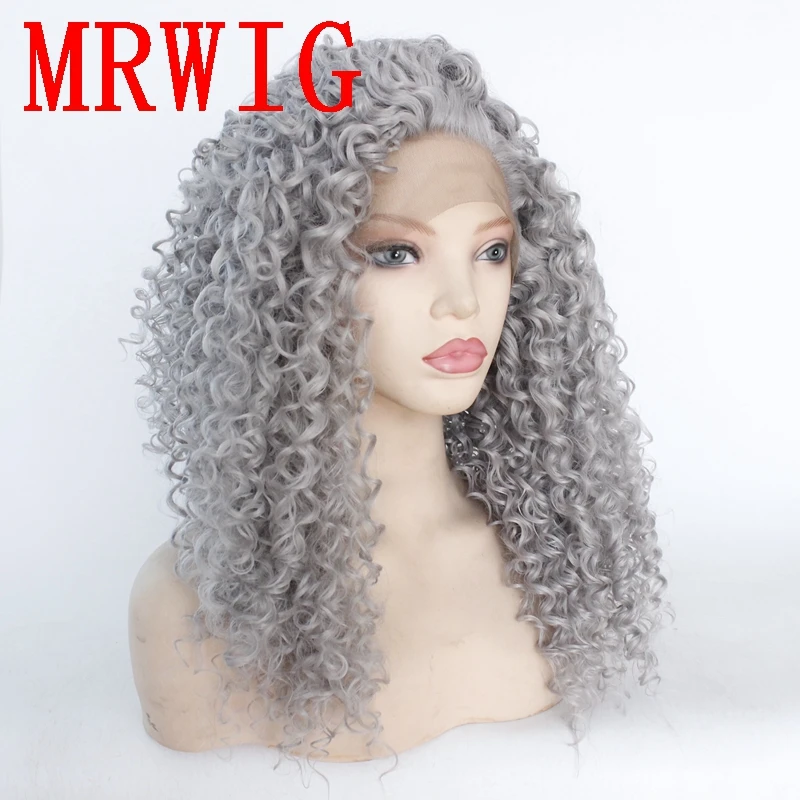 MRWIG 18in 180% Плотность кудрявый средний серый синтетический свободная часть передний кружевной парик Термостойкое волокно