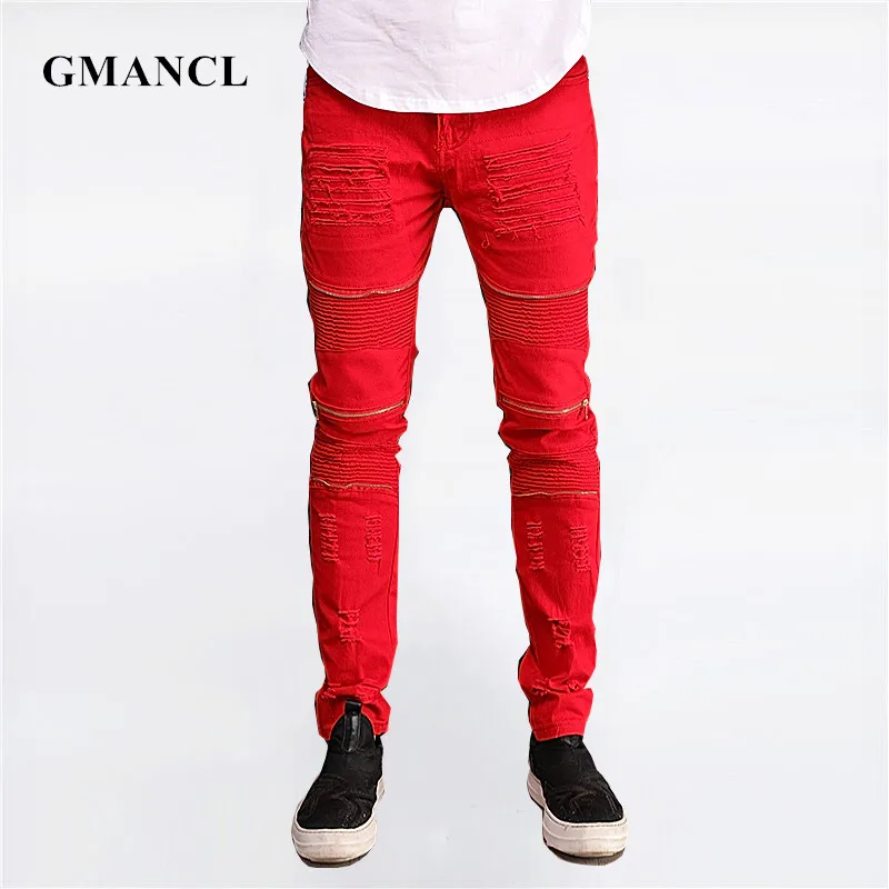 

Fashion New Slim Skinny Men red white black Jeans Hip hop Destroyed Ripped Knee zipper Cotton Distressed Biker Joggers pants