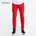 Модные новые облегающие мужские джинсы, красные, белые, черные джинсы в стиле хип-хоп, рваные, до колена, на молнии, хлопковые потертые байкерские штаны для бега