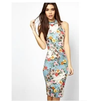 women sleeveless floral pattern bodycon beach dress tight dress long