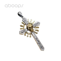 gothic 925 sterling silver cross pendant with golden skull head for men boysfree shipping